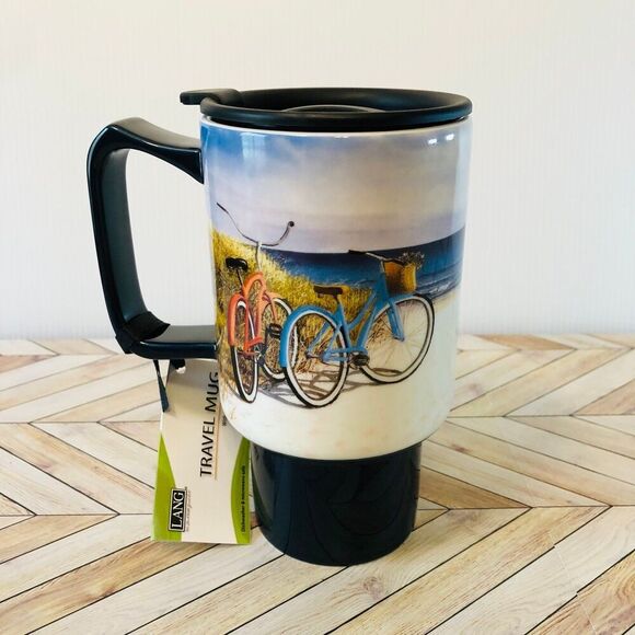 Ceramic "Seaside" Travel Coffee Mug with Spill-Resistant Lid - Picture 1 of 5